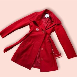 Retro style red wool coat with belt and big buttons